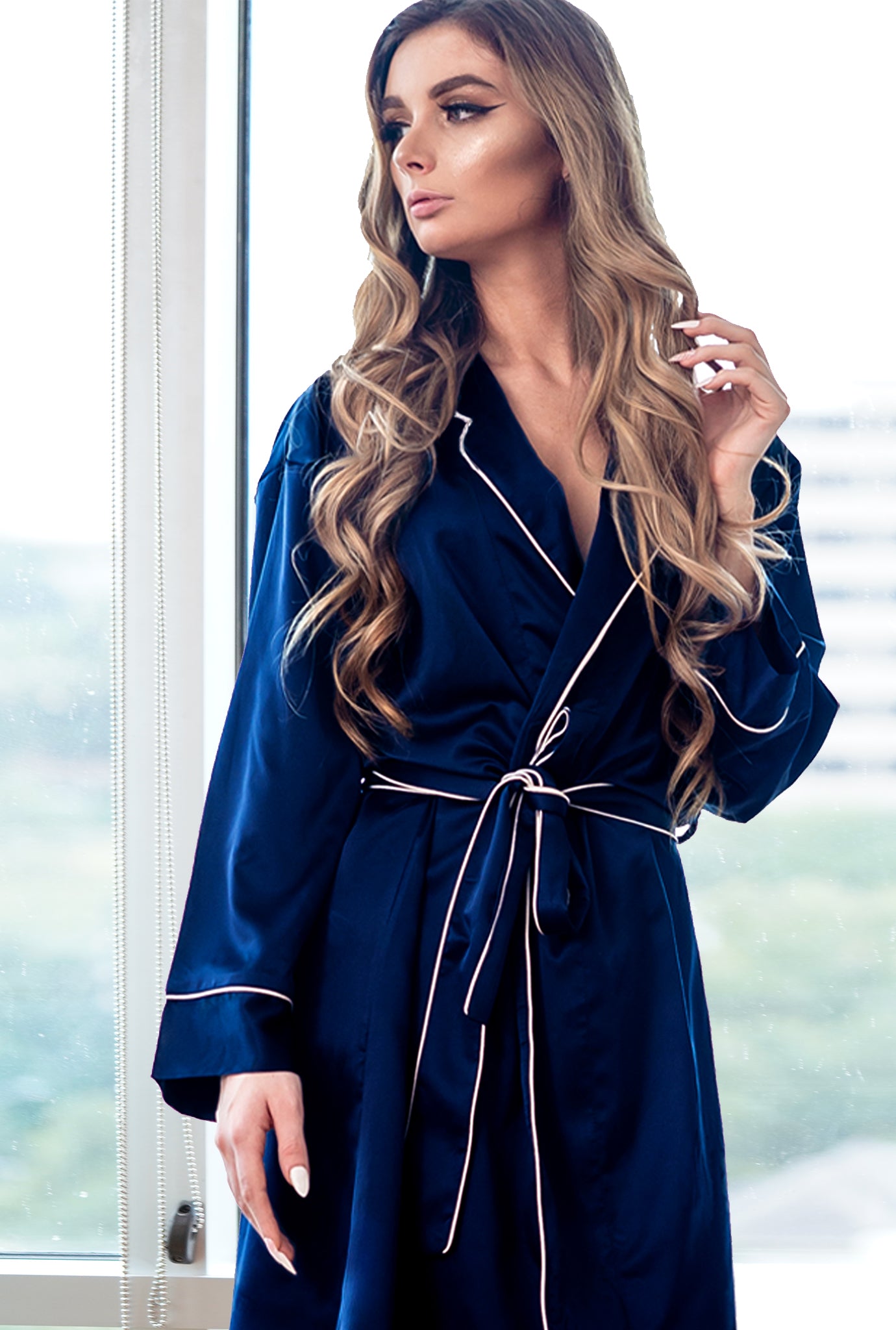 Navy Blue Piped with White Trim Satin Kimono Robe