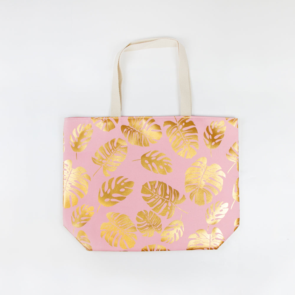 Pink Palm Leaves Metallic Tote Bag