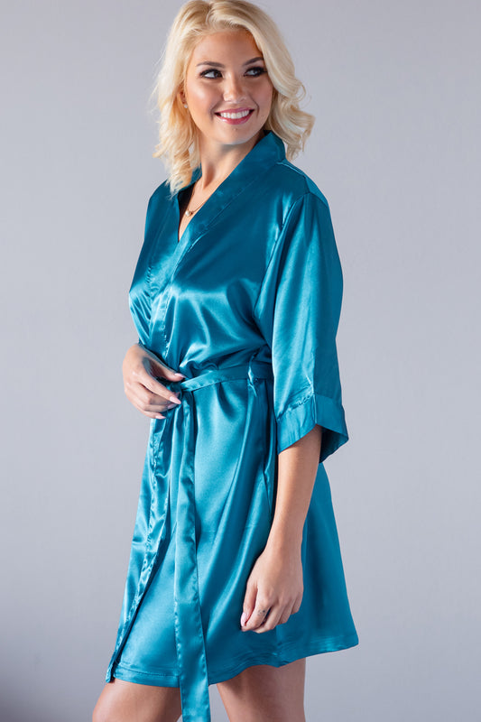 Scuba Blue Satin Kimono Robe side view adult