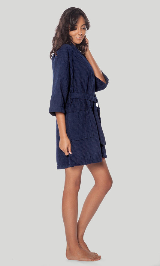 Waffle Kimono Navy Blue Short Robe