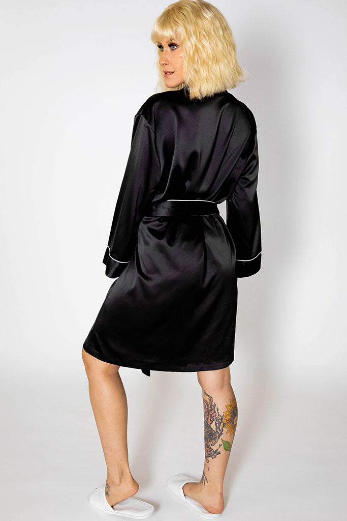 Black Piped with White Trim Satin Kimono Robe Back - Bridesmaid Robe - Bridal Robe - Kimono Robe - Satin Robe - Silky Robe - Kimono Bridal Robe - Bridal Satin Robe - PrettyRobes