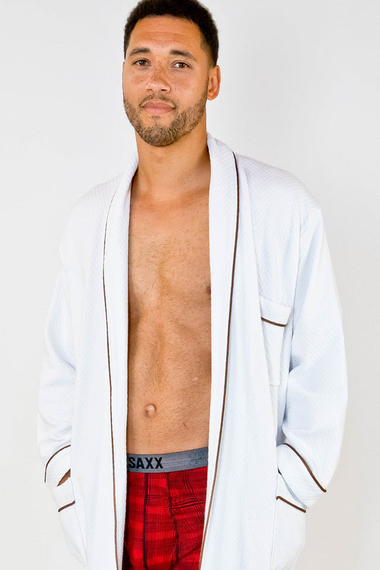 Grid Style Bath Robe White with Brown Piping
