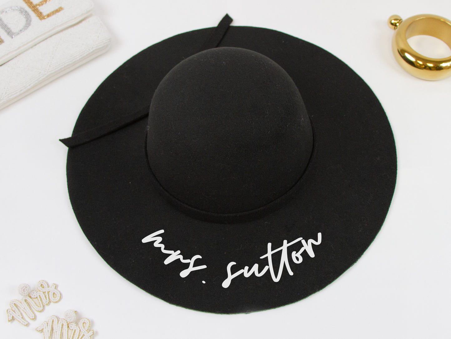 Personalized Mrs Black Felt Floppy Bridal Hat Beach Hat