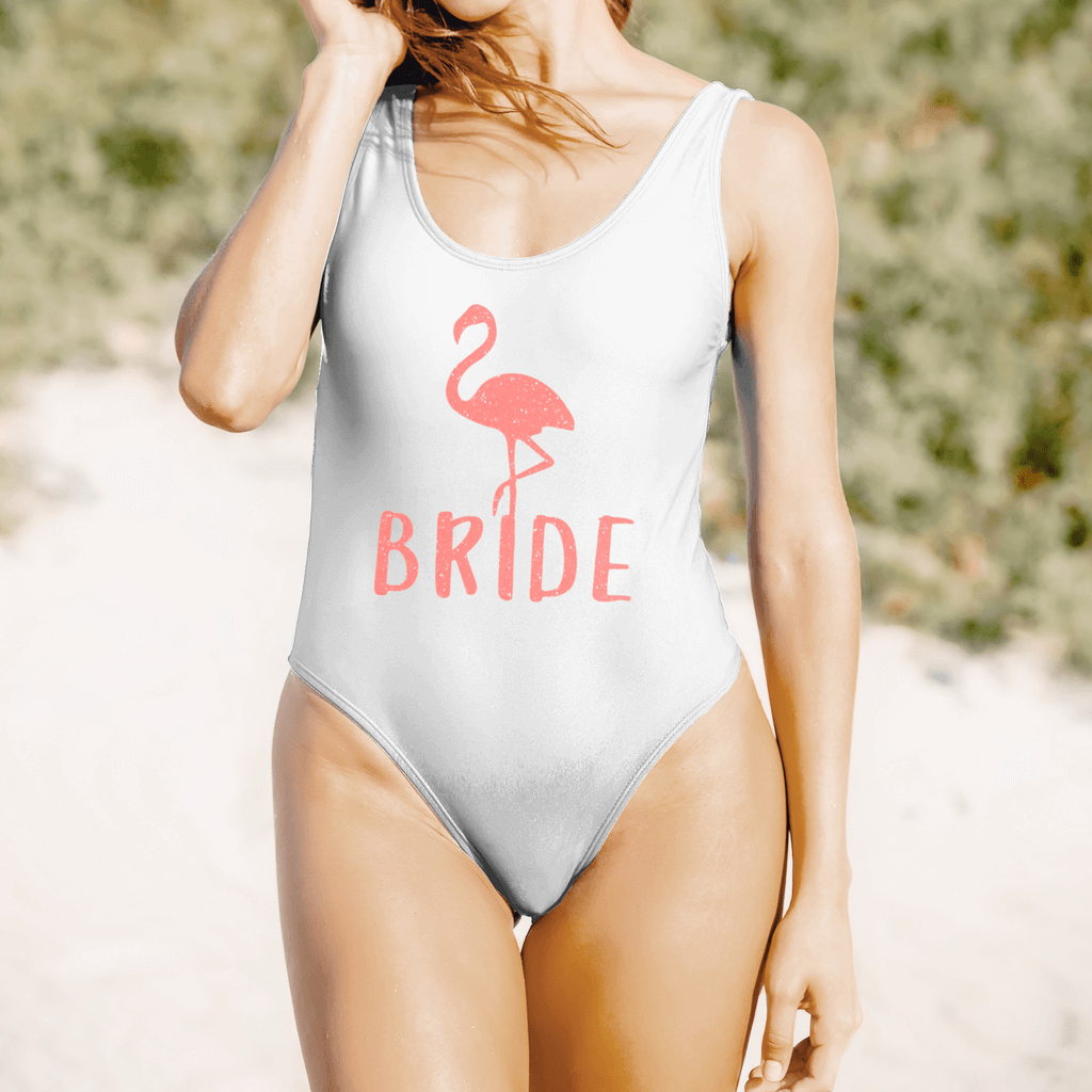 "Bride " White Swimsuit - Flamingo Bird Design in Neon Peach Glitter (Clearance Item)