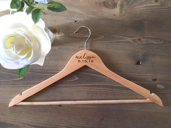 Personalized Script and Wedding Date Engraved Wooden Hanger Style 2