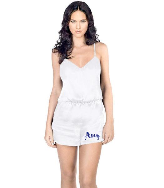 White Satin Pj Romper - PrettyRobes.com