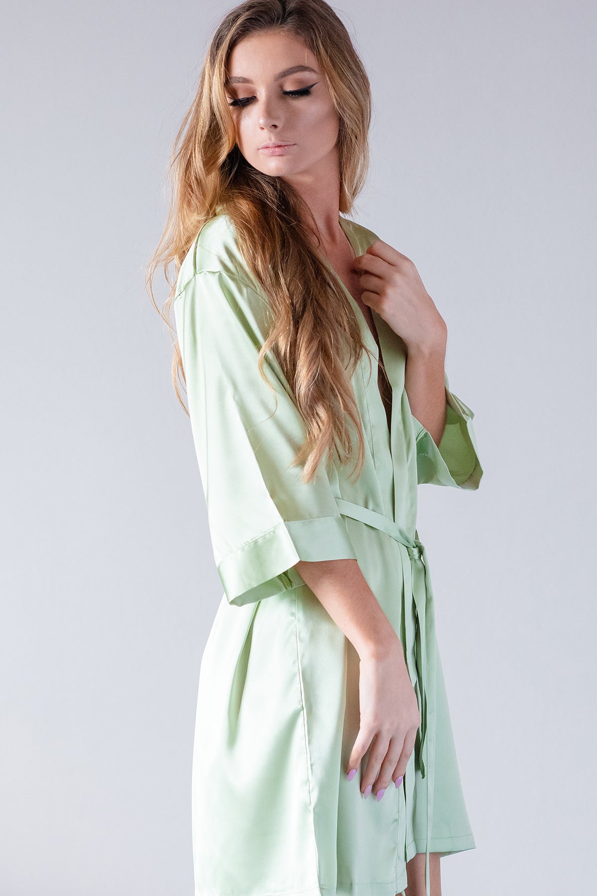 Sage Satin Kimono Robe side view