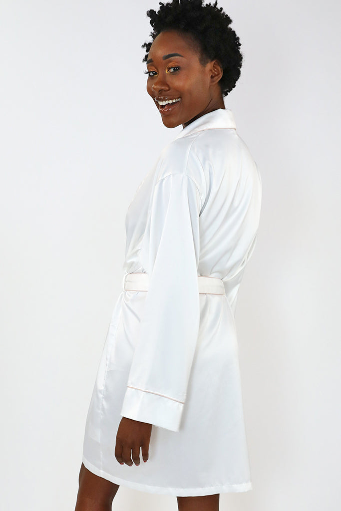 White Piped with Pink Trim Satin Kimono Robe