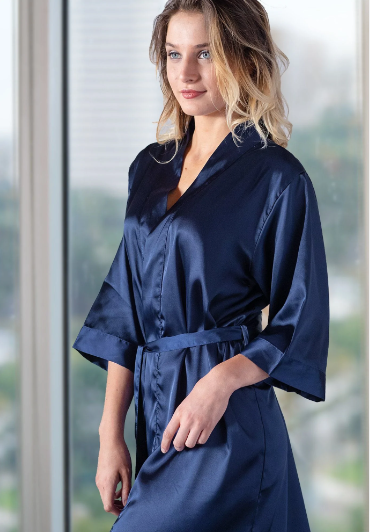 Navy Blue Satin Kimono Robe