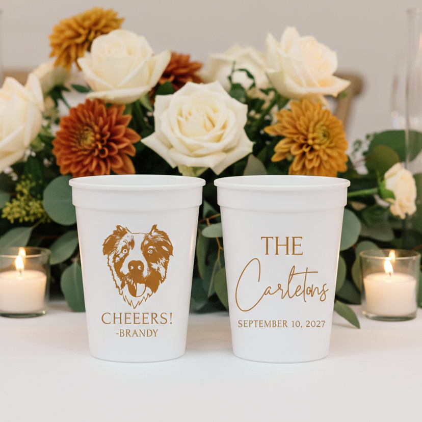 Two white stadium cups customized with a drawing of the couple's pet dog.