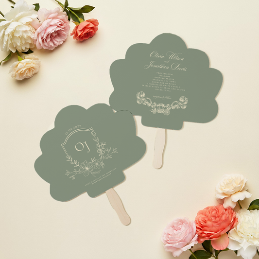 two fan-shaped cards with floral designs, surrounded by a variety of colorful flowers on a light background.