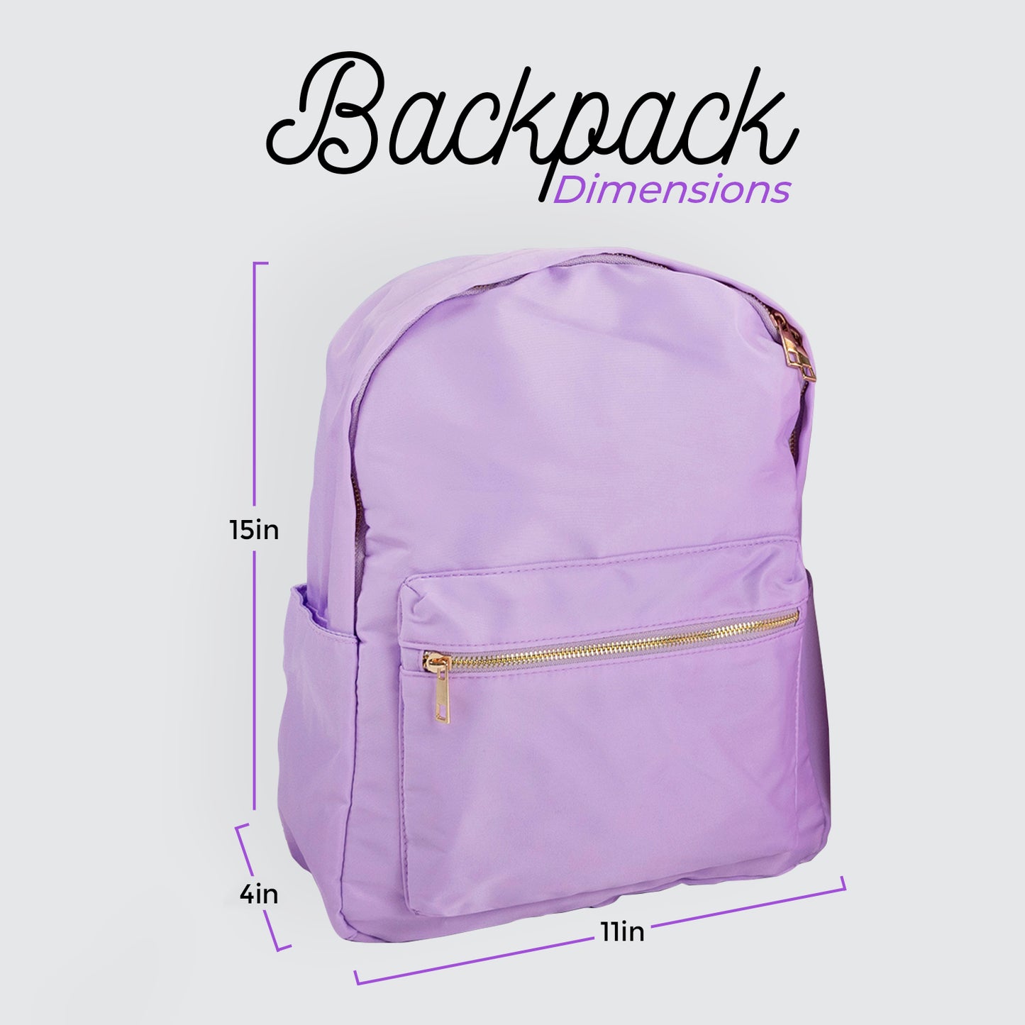 a purple backpack with measurements for it