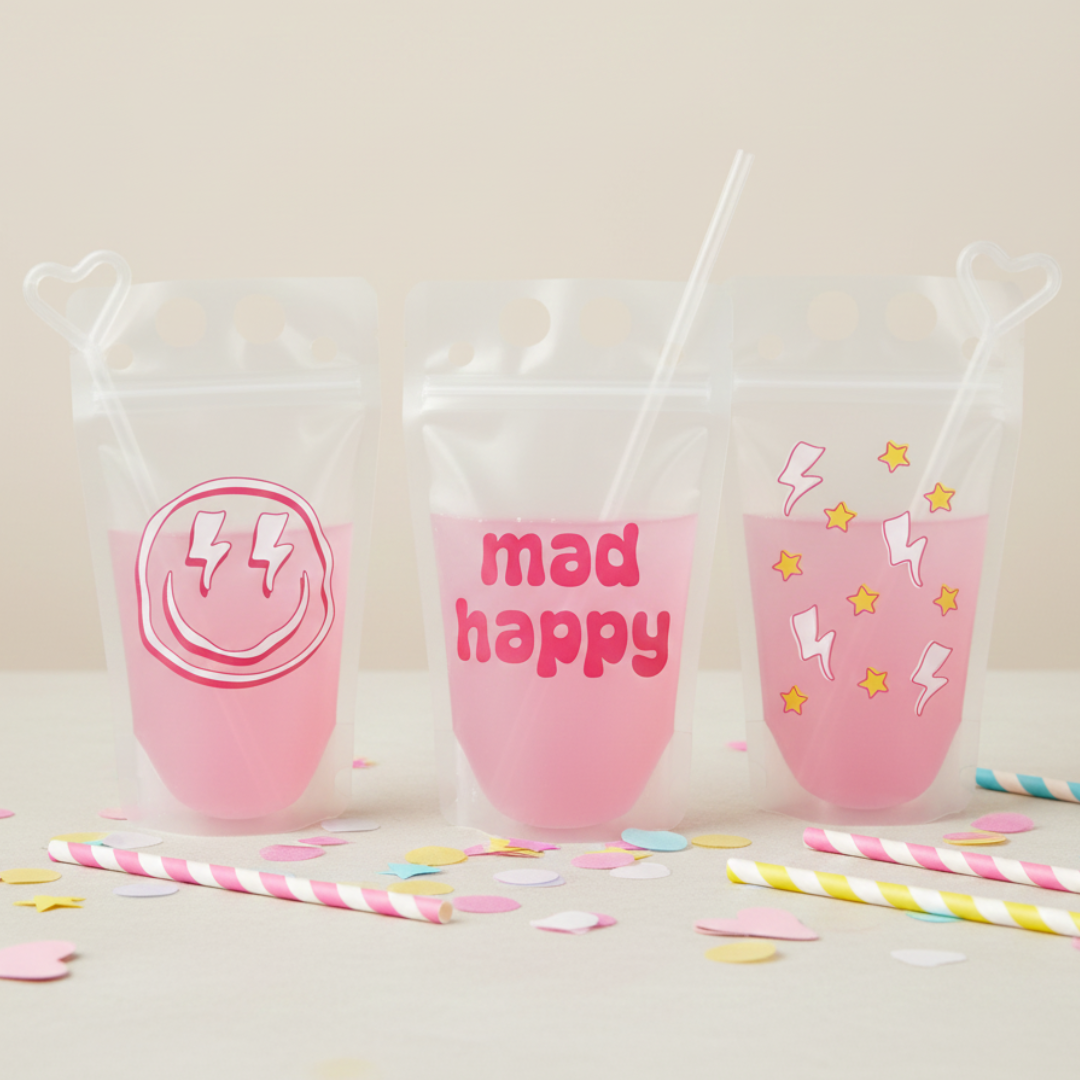 Three plastic drink cups with different designs and text on them, along with colorful straws and confetti on the table.