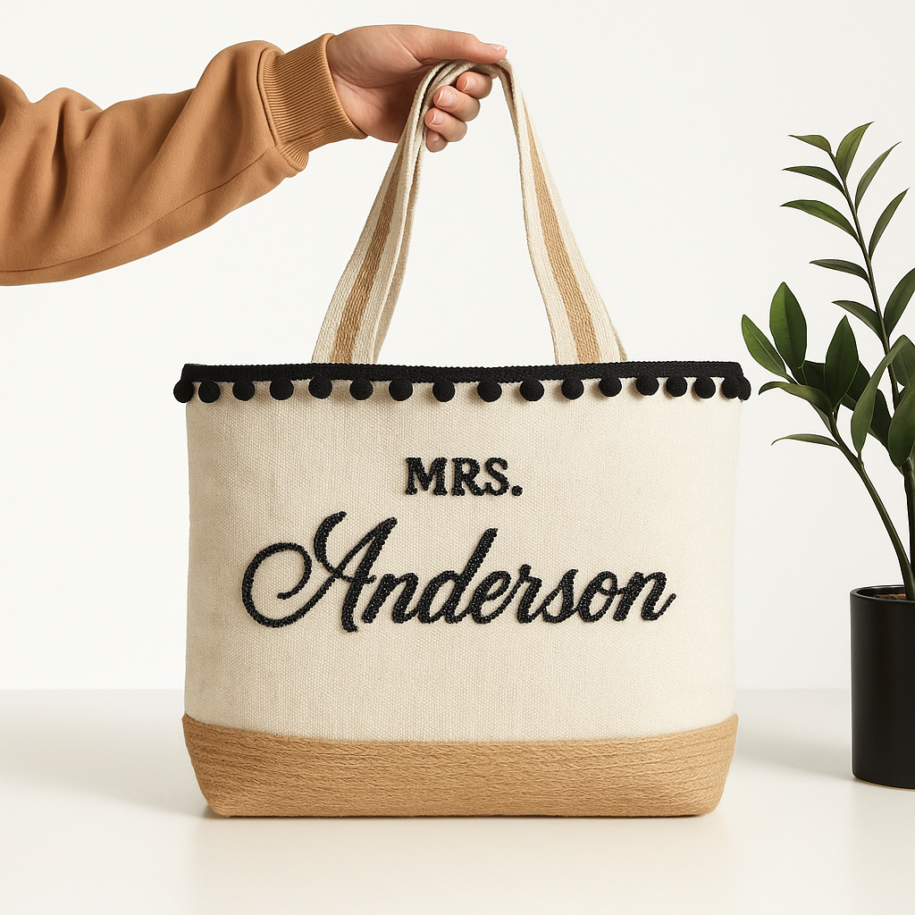 A hand holding a beige tote bag with the name "Mrs. Anderson" embroidered on it.