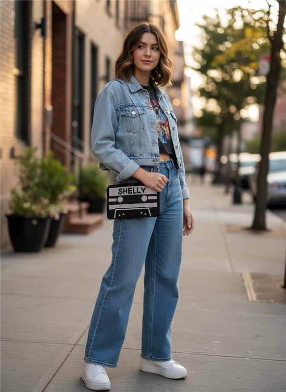 A young woman wearing a denim jacket, jeans, and sneakers is standing on a city sidewalk, holding a black and white bag with the word "SHELLY" printed on it.