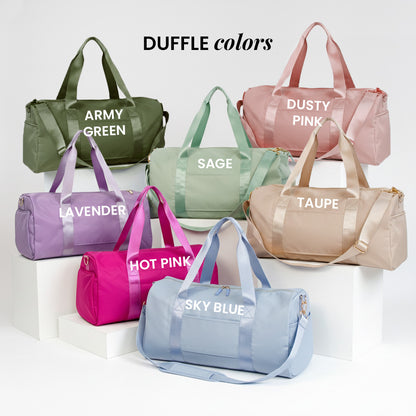A collection of colorful duffel bags in various colors, including green, pink, purple, lavender, hot pink, blue, and taupe, arranged on a white background.