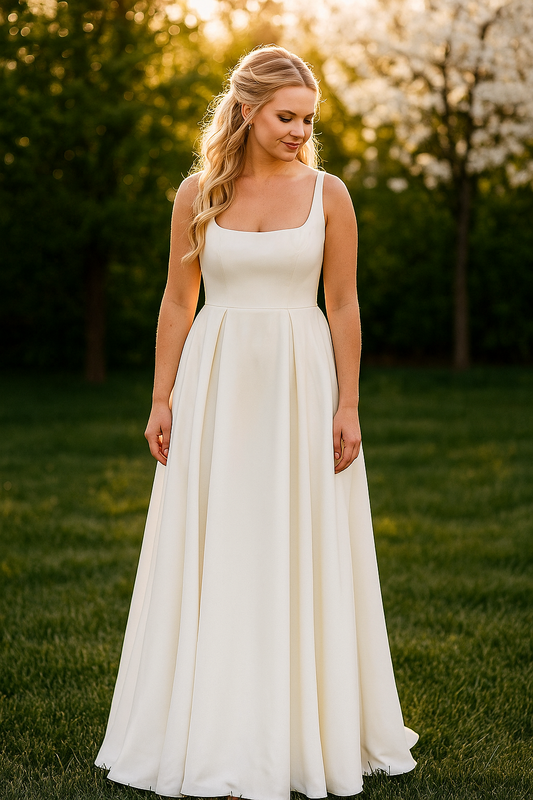 A woman in a long white dress stands in a grassy field, her gaze directed downwards.
