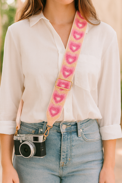 Pink Beaded Camera Strap with Hearts