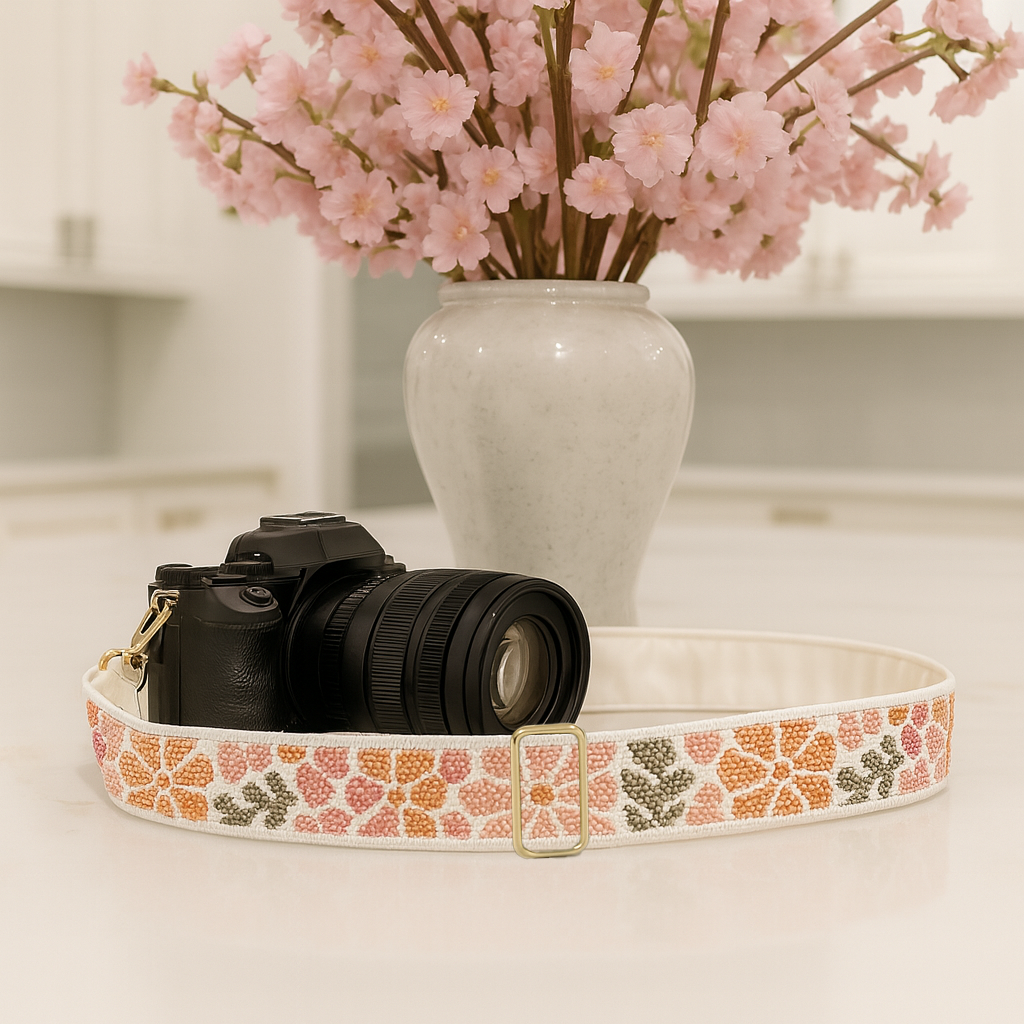 Peach & Yellow Floral Beaded Camera Strap