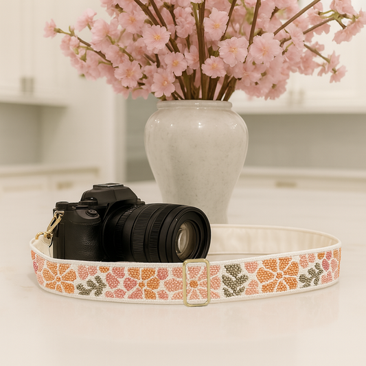 Peach & Yellow Floral Beaded Camera Strap