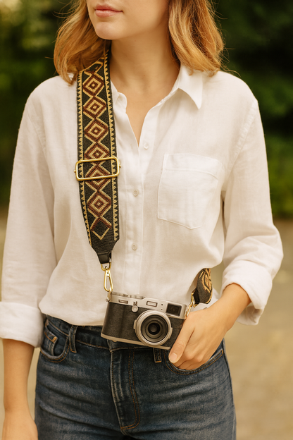 Black and Gold Geometric Camera Strap