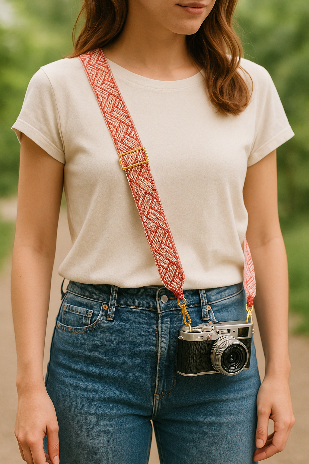Pink Geometric Beaded Camera Strap