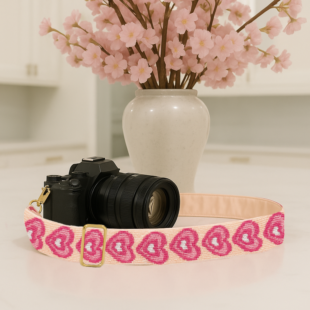 Pink Beaded Camera Strap with Hearts