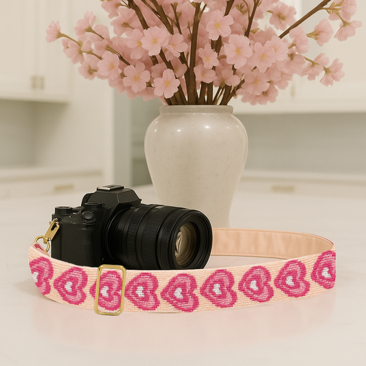 Pink Beaded Camera Strap with Hearts