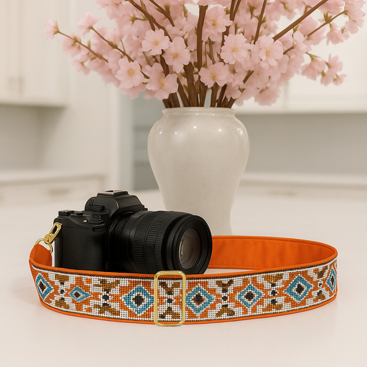 Orange Geometric Camera Strap with Gold Hardware