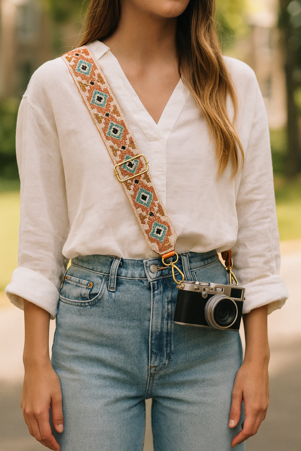 Orange Geometric Camera Strap with Gold Hardware