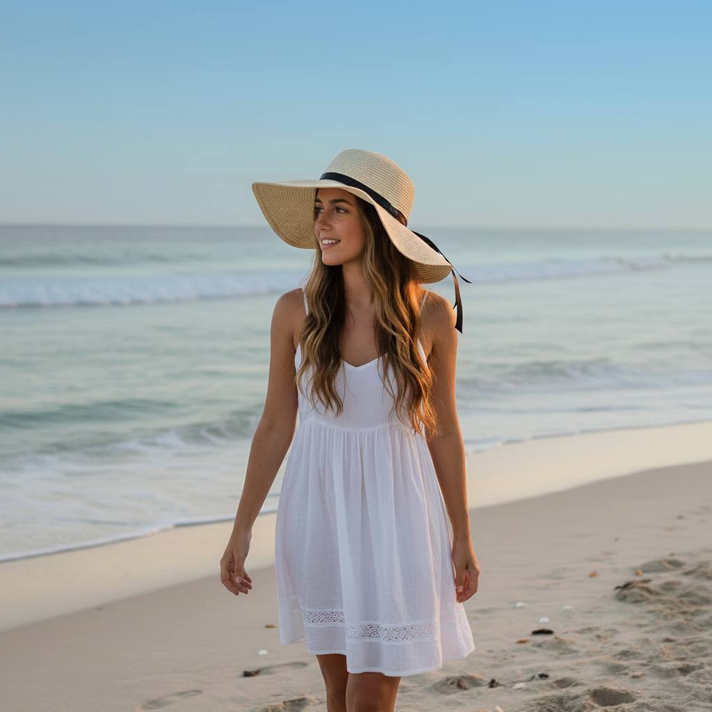 A woman in a white dress and wide-brimmed hat walks along a sandy beach, smiling and enjoying the serene surroundings.