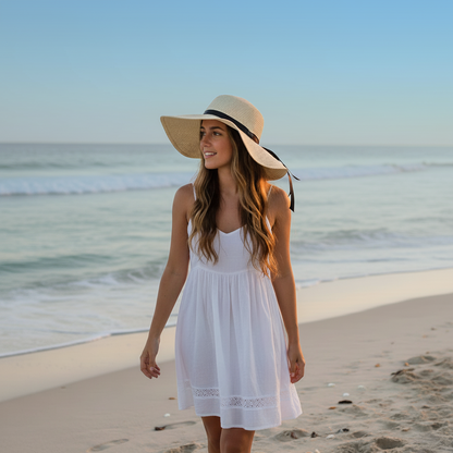 A woman in a white dress and wide-brimmed hat walks along a sandy beach, smiling and enjoying the serene surroundings.