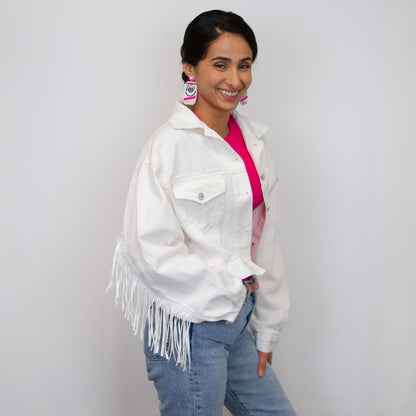 (White Fringe) Custom White Fringe Denim Jacket for the Bride