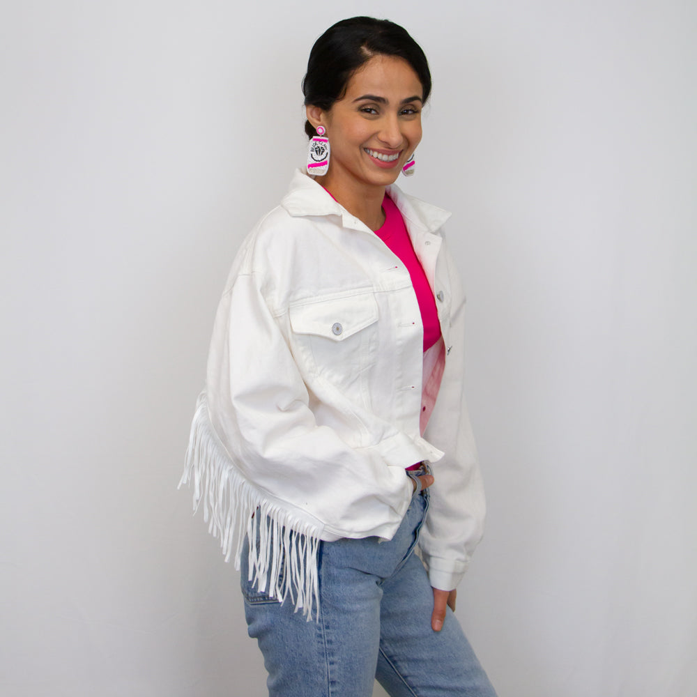 (White Fringe) Personalized Bridal White Fringe Denim Jacket