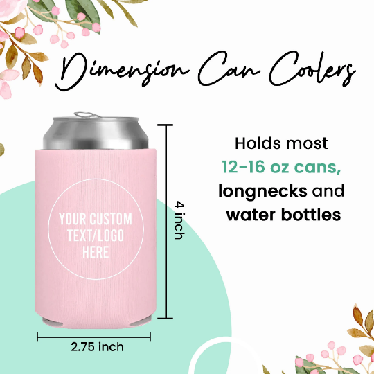 a pink can cooler with the measurements for it