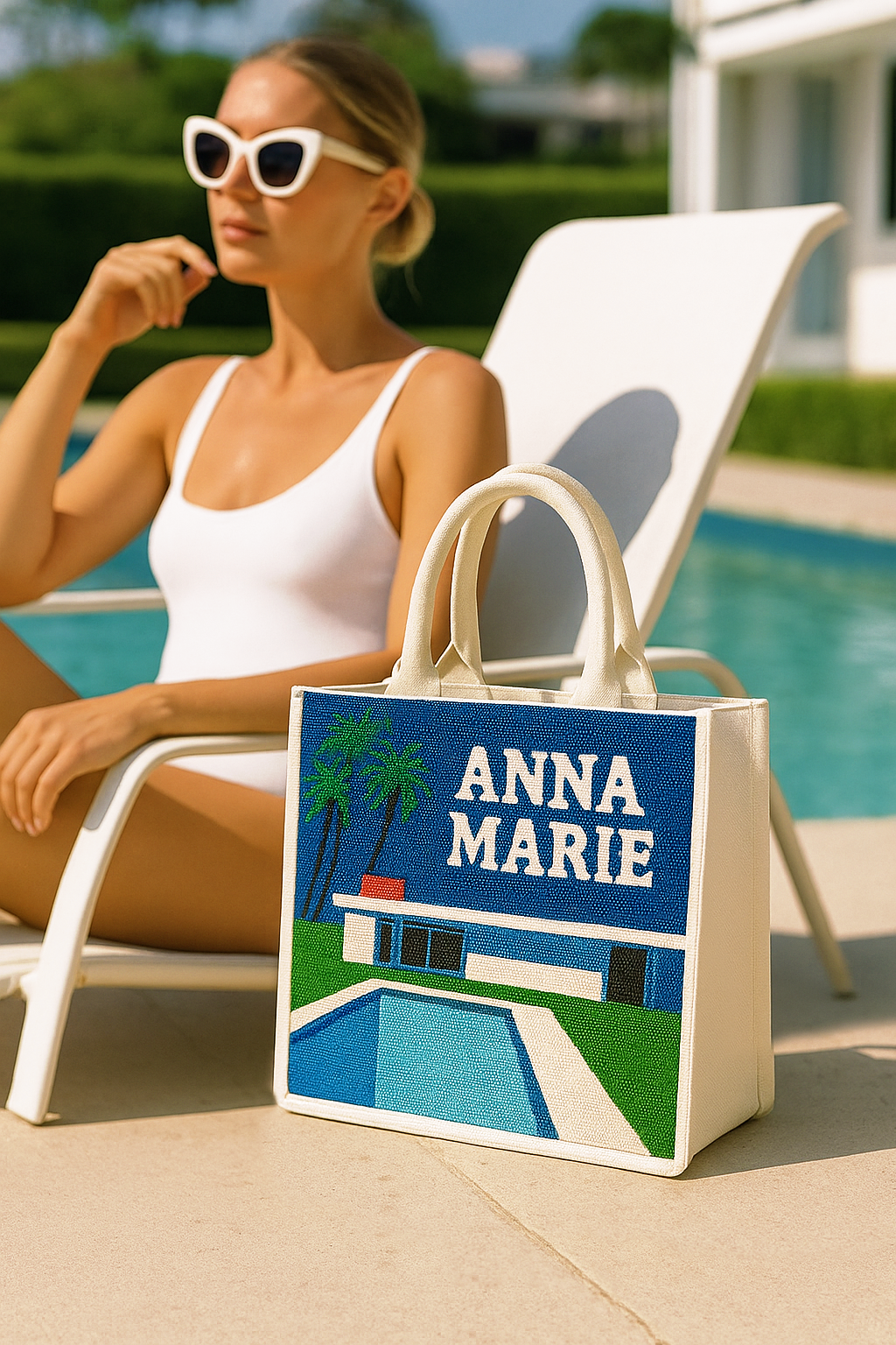 a woman sitting in a chair next to a pool