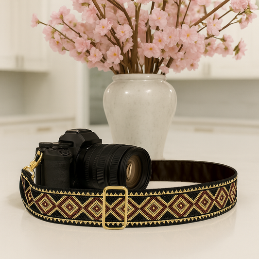 Black and Gold Geometric Camera Strap