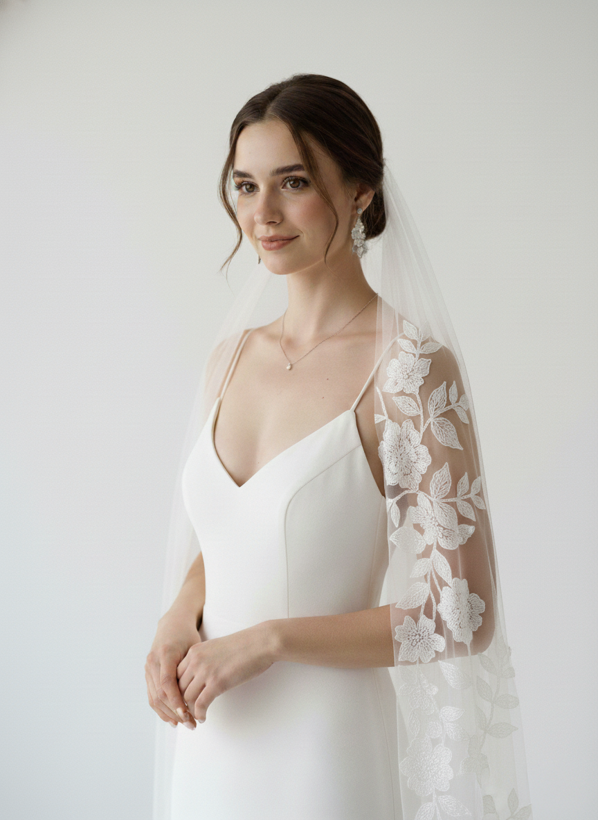 Minimal Cathedral Wedding Veil With Lace Detail