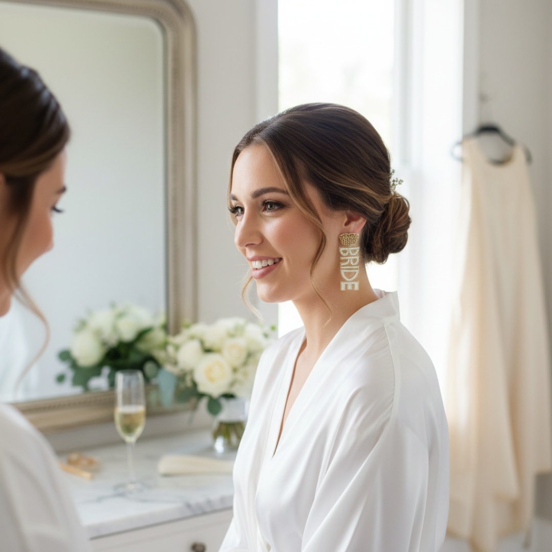 Gold and White Seed Bead Bride Earrings