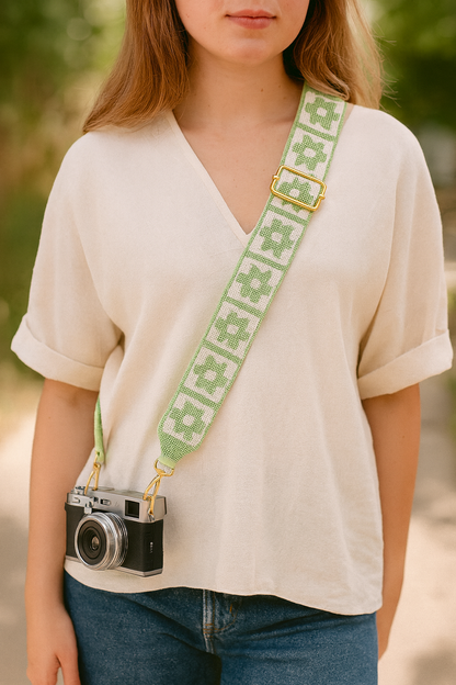 Green & White Floral Beaded Camera Strap
