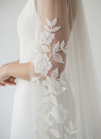 Minimal Cathedral Wedding Veil With Lace Detail