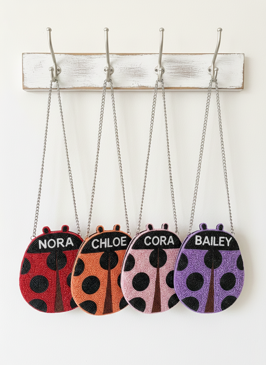 A row of four colorful handbags with ladybug designs, each with a different name printed on it.