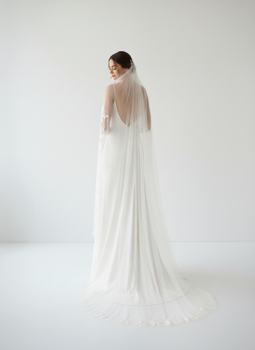 Minimal Cathedral Wedding Veil With Lace Detail