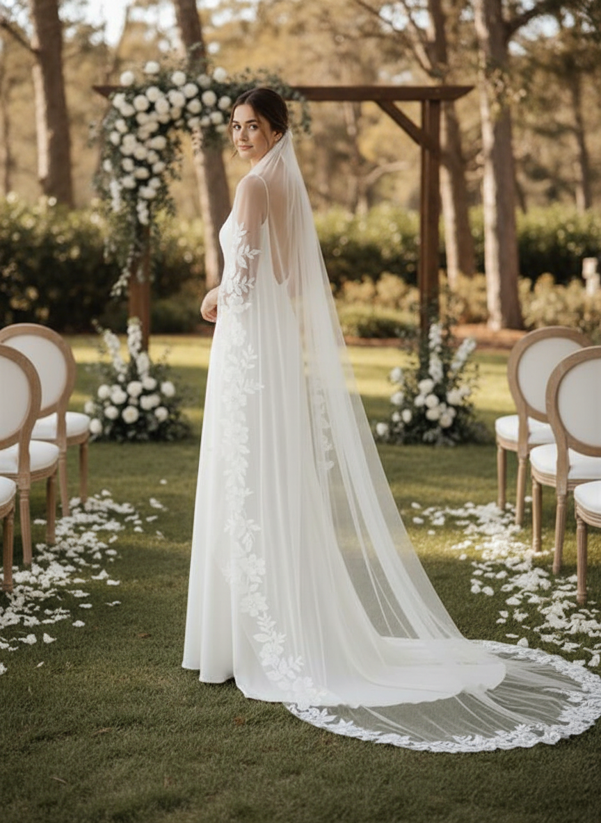 Minimal Cathedral Wedding Veil With Lace Detail