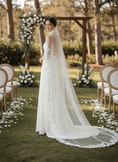 Minimal Cathedral Wedding Veil With Lace Detail