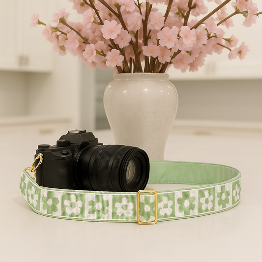Green & White Floral Beaded Camera Strap