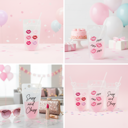 The image is a collage of four photos featuring pink and white elements, including balloons, a cake, and drinkware with lips on them.