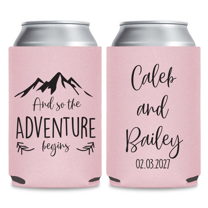 And The Adventure Begins Custom Wedding Can Cooler Favors (CS 381)