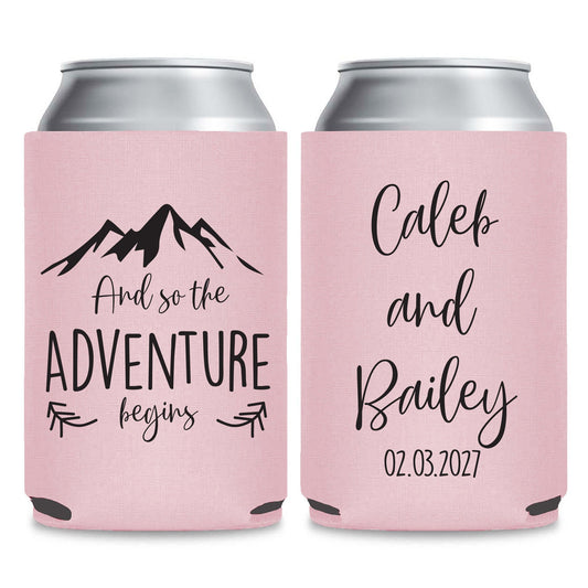 And The Adventure Begins Custom Wedding Can Cooler Favors (CS 381)