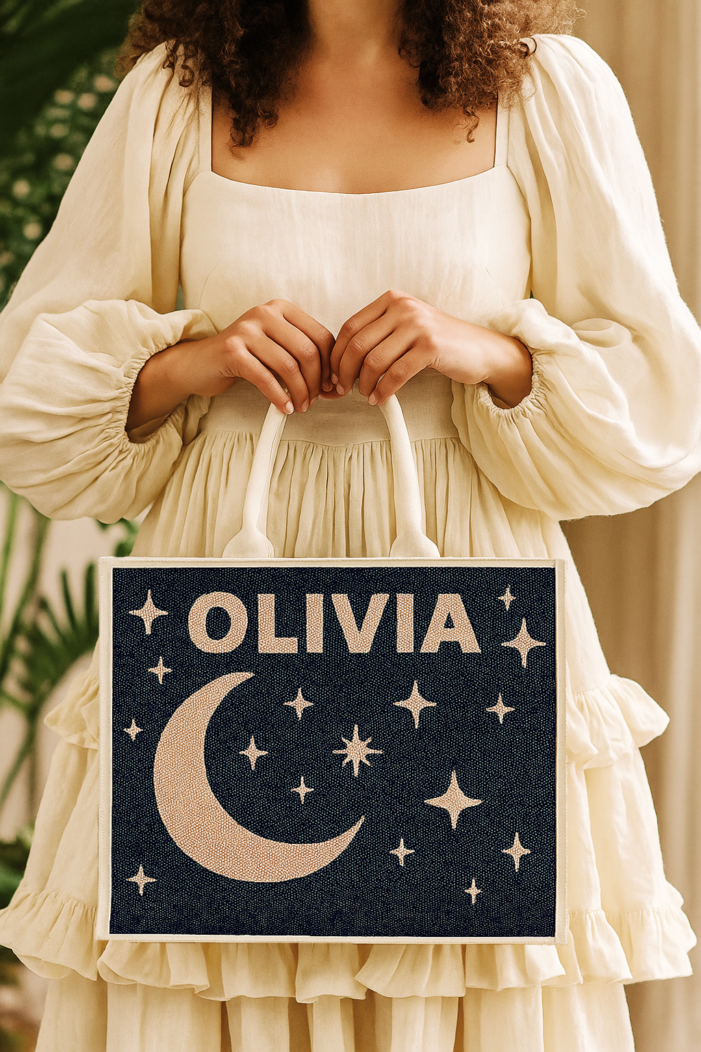 a woman holding a sign with a crescent and stars on it